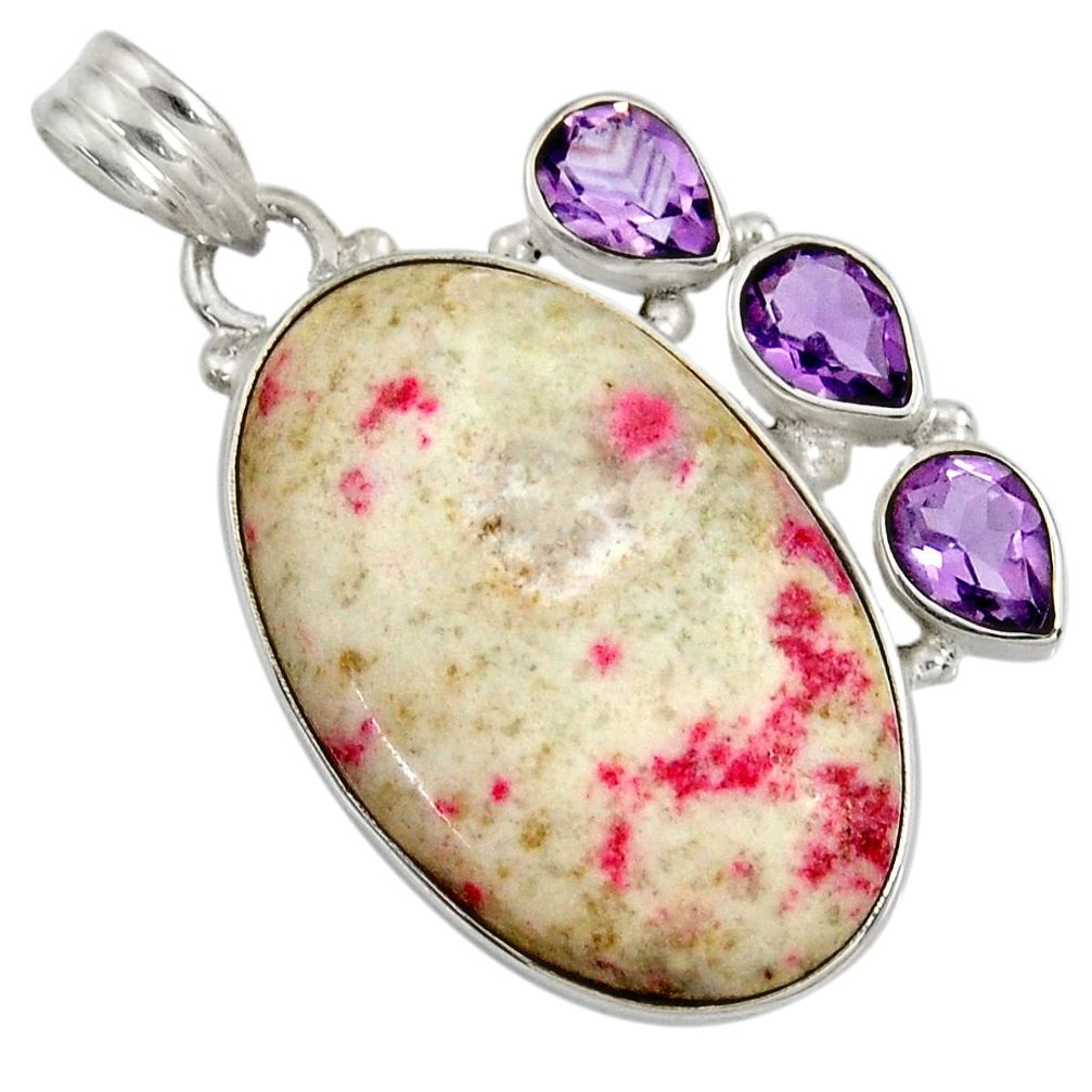 24.38cts natural red cinnabar spanish purple amethyst 925 silver pendant d37747