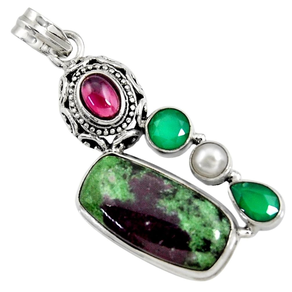 925 silver 24.62cts natural pink ruby zoisite chalcedony pearl pendant d37748