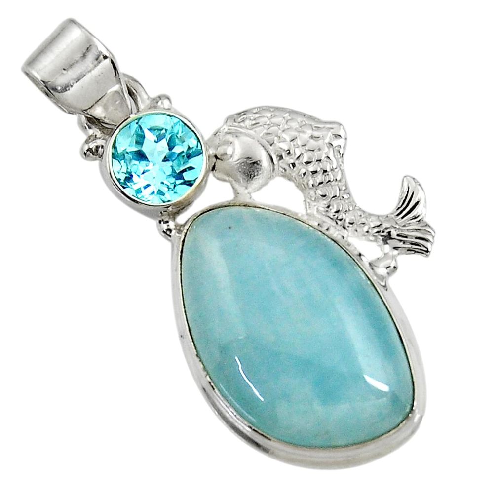 20.86cts natural blue aquamarine topaz 925 sterling silver fish pendant d37751