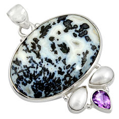 Clearance Sale- 30.97cts natural black feather medicine bow agate 925 silver pendant d37770