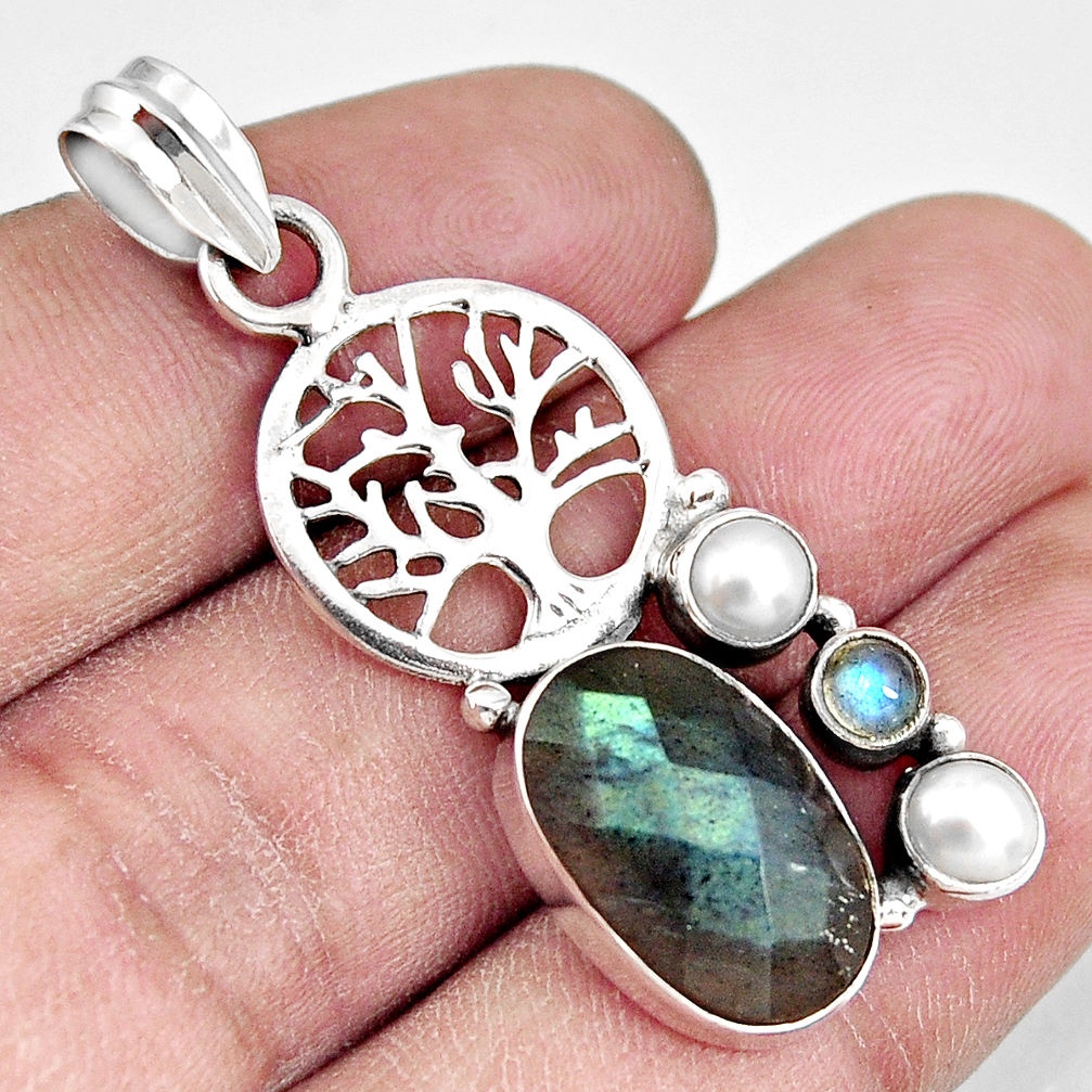 10.84cts natural blue labradorite pearl 925 silver tree of life pendant d38618