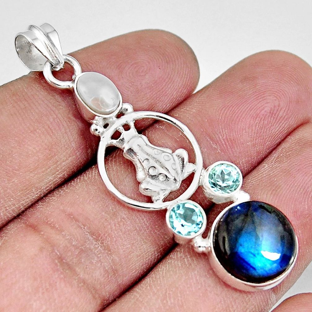 925 sterling silver 11.02cts natural blue labradorite topaz frog pendant d38637