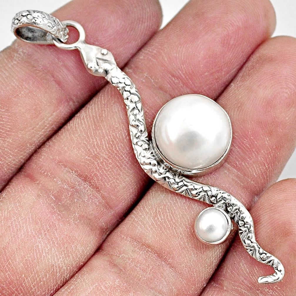 925 sterling silver 8.54cts natural white pearl snake pendant jewelry d38664