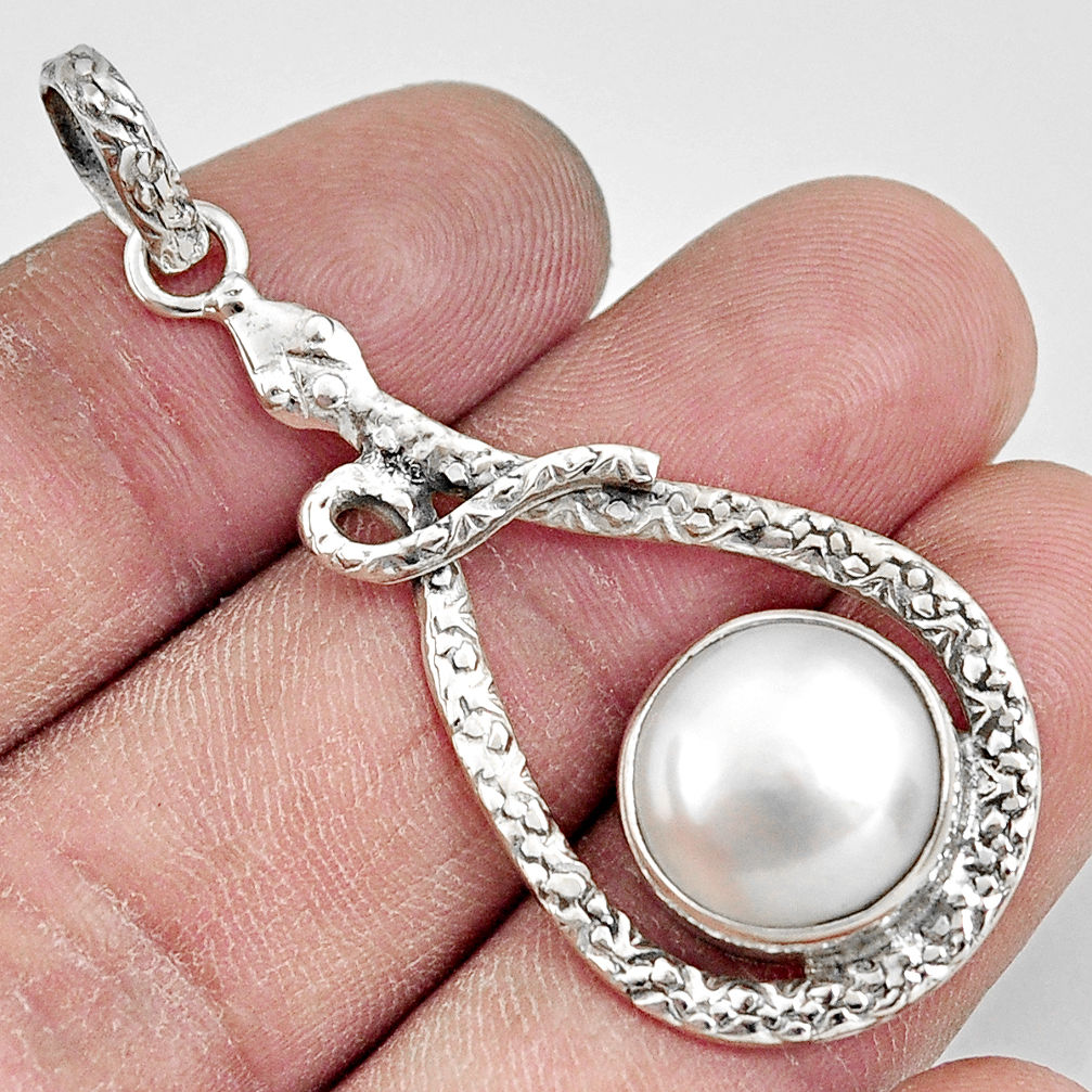 9.39cts natural white pearl 925 sterling silver snake pendant jewelry d38676