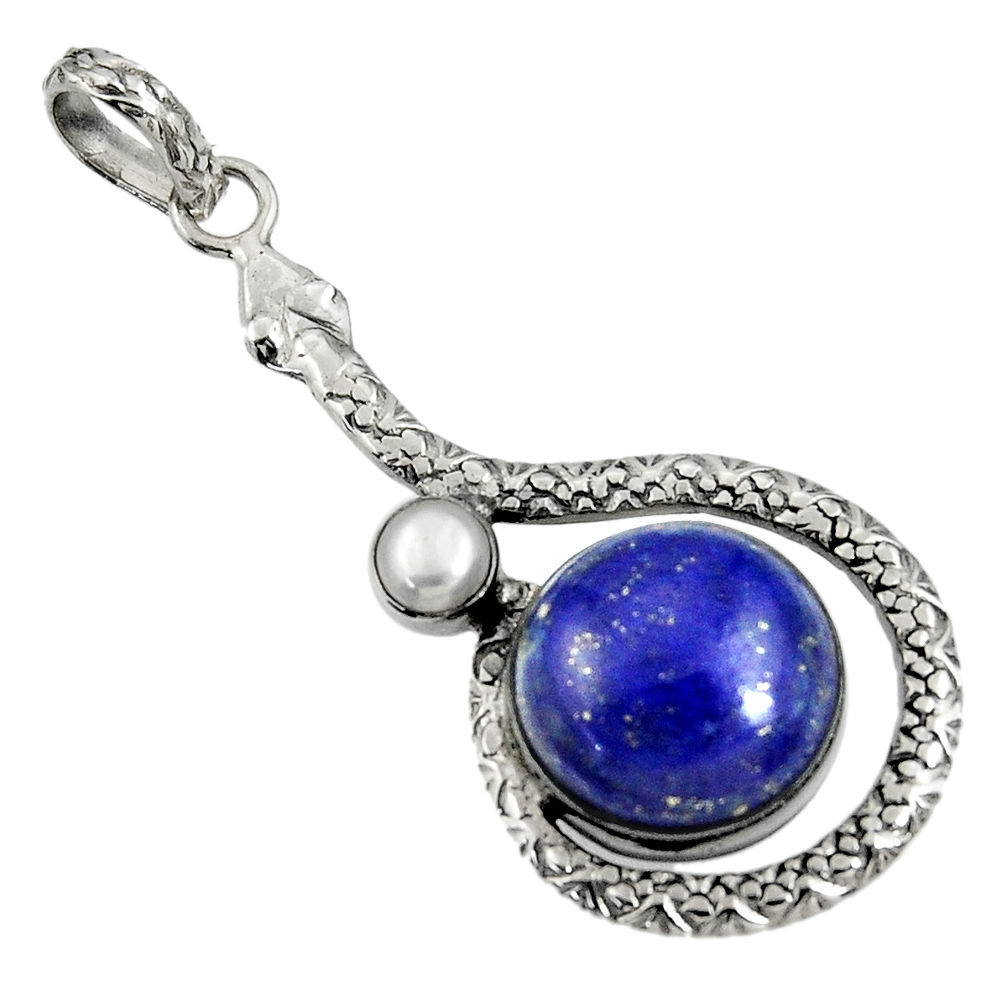 14.12cts natural blue lapis lazuli white pearl 925 silver snake pendant d38712