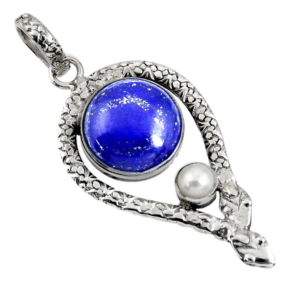 13.34cts natural blue lapis lazuli white pearl 925 silver snake pendant d38713