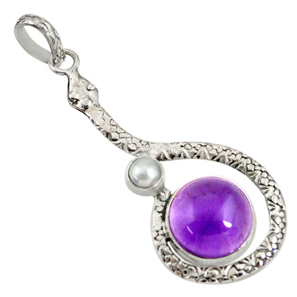 925 sterling silver 8.73cts natural purple amethyst pearl snake pendant d38747
