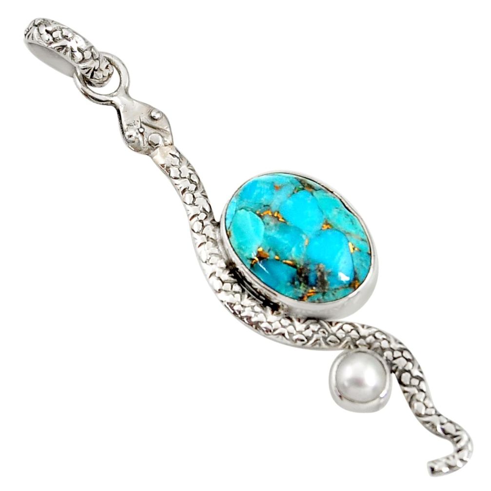 10.13cts blue copper turquoise pearl 925 sterling silver snake pendant d38763