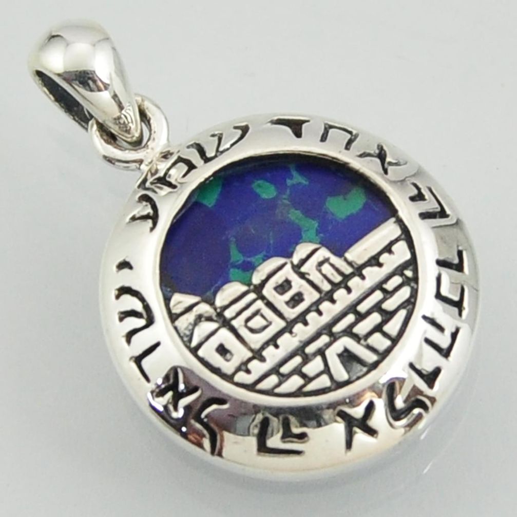 Religious pendant with city of jerusalem malachite in chrysocolla 925 silver