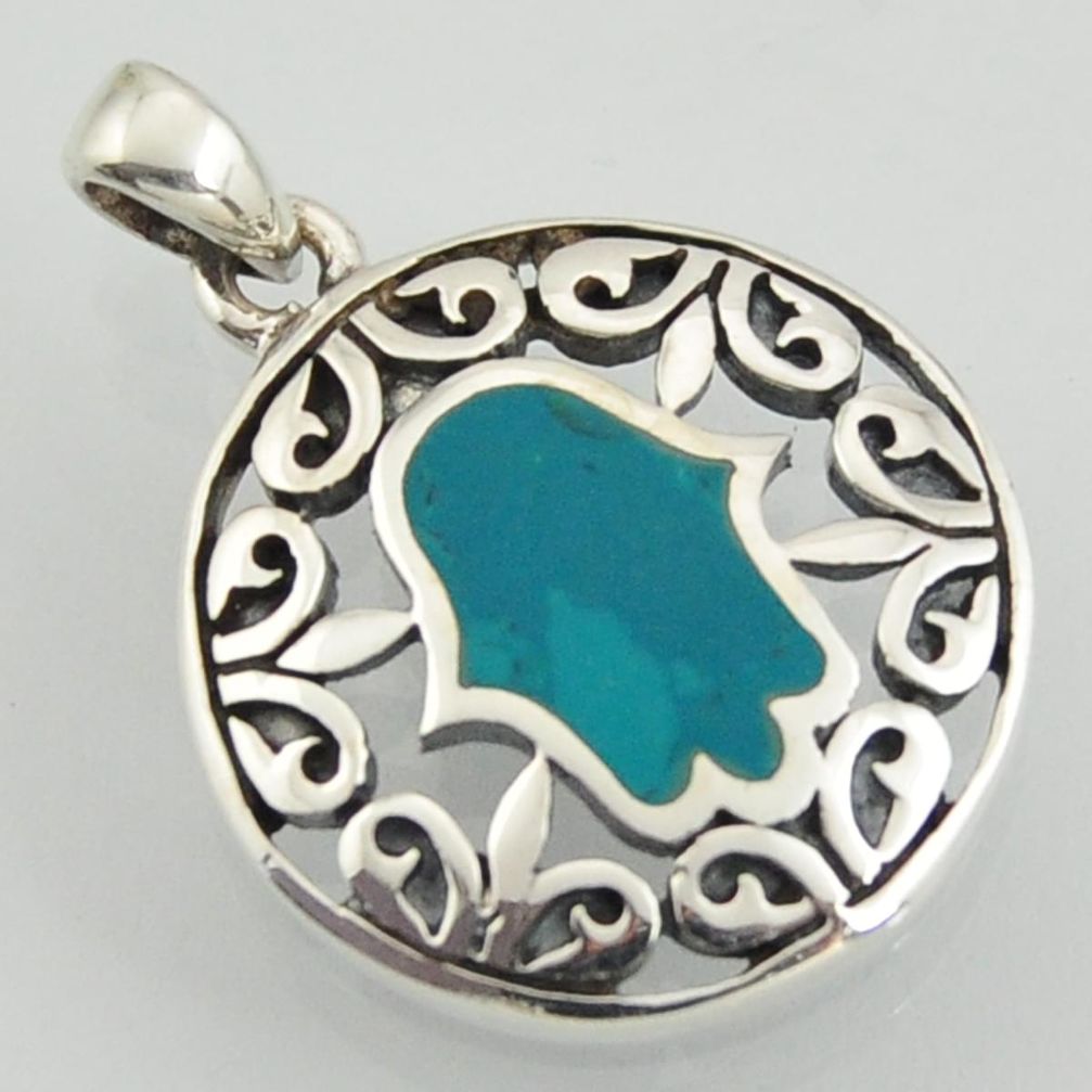 4.48gms fine green turquoise enamel 925 silver hand of god hamsa pendant