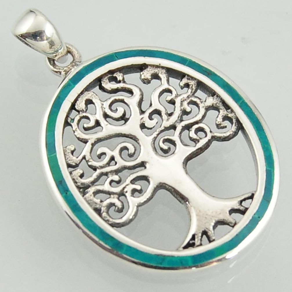 6.26gms fine green turquoise enamel 925 sterling silver tree of life pendant