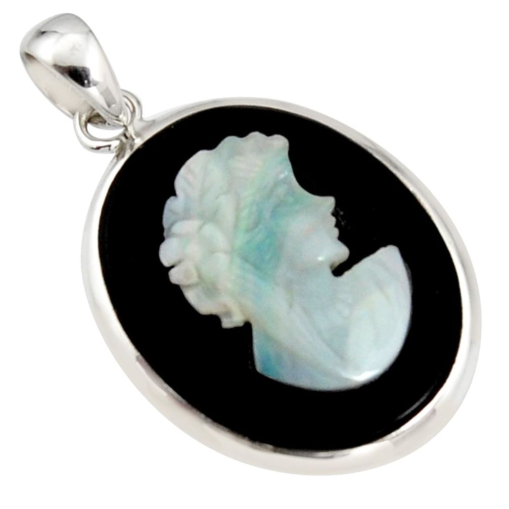 14.72cts natural black opal cameo on onyx 925 silver lady face pendant r14547