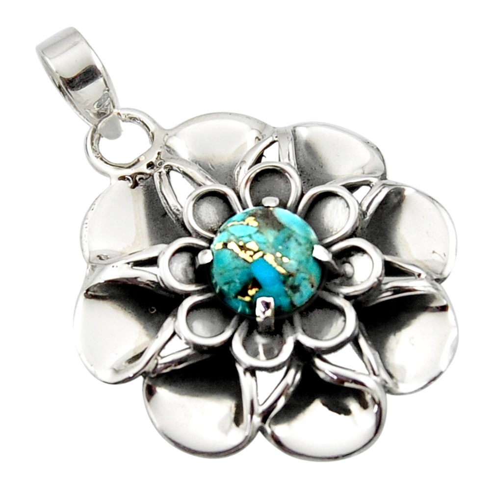 2.85cts blue copper turquoise 925 sterling silver flower pendant jewelry r17428