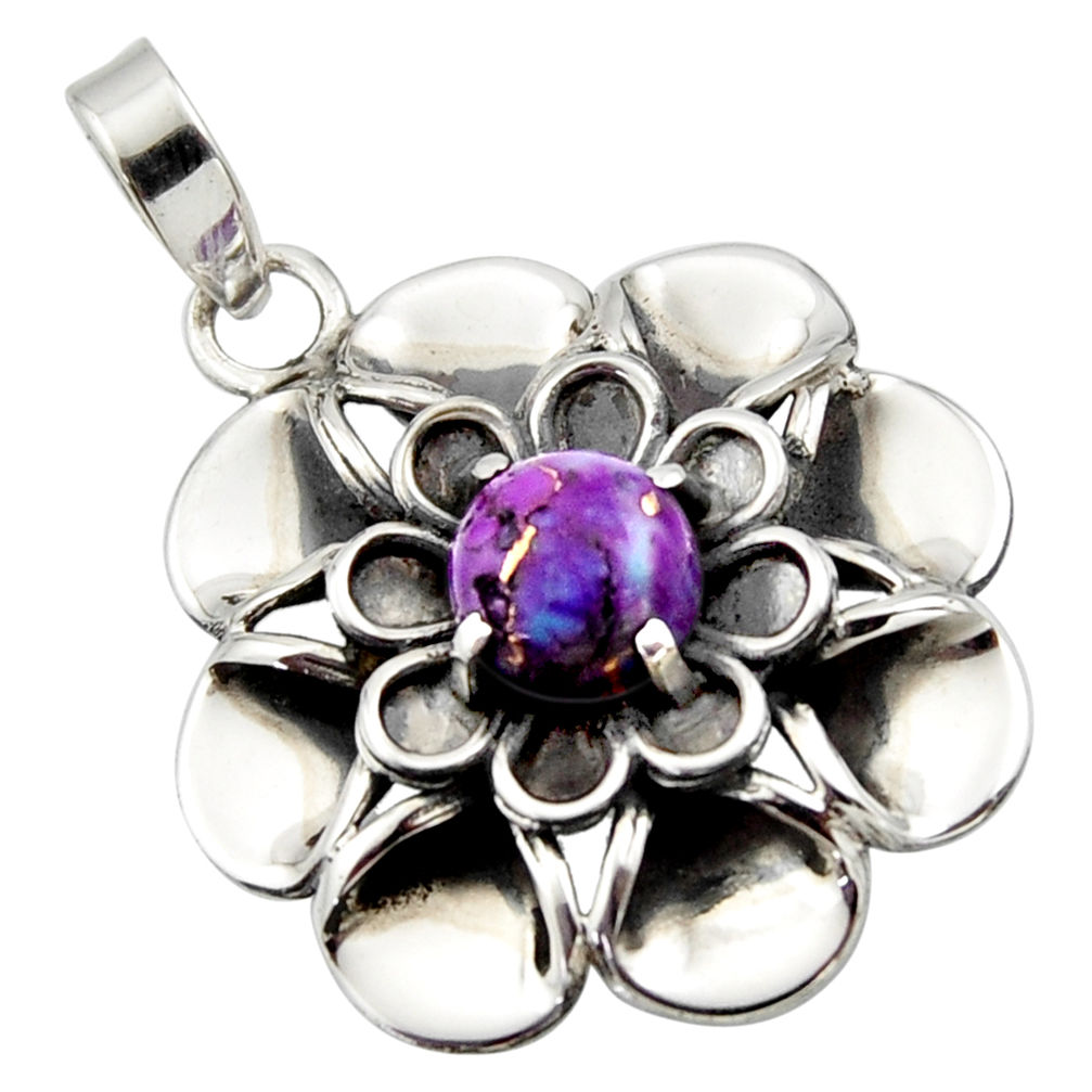 925 sterling silver 3.12cts purple copper turquoise round flower pendant r17433