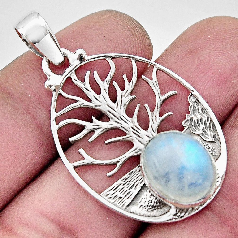 5.18cts natural rainbow moonstone 925 silver tree of life pendant r17614