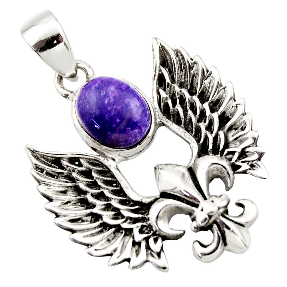 5.24cts natural purple charoite (siberian) 925 silver feather pendant r17682