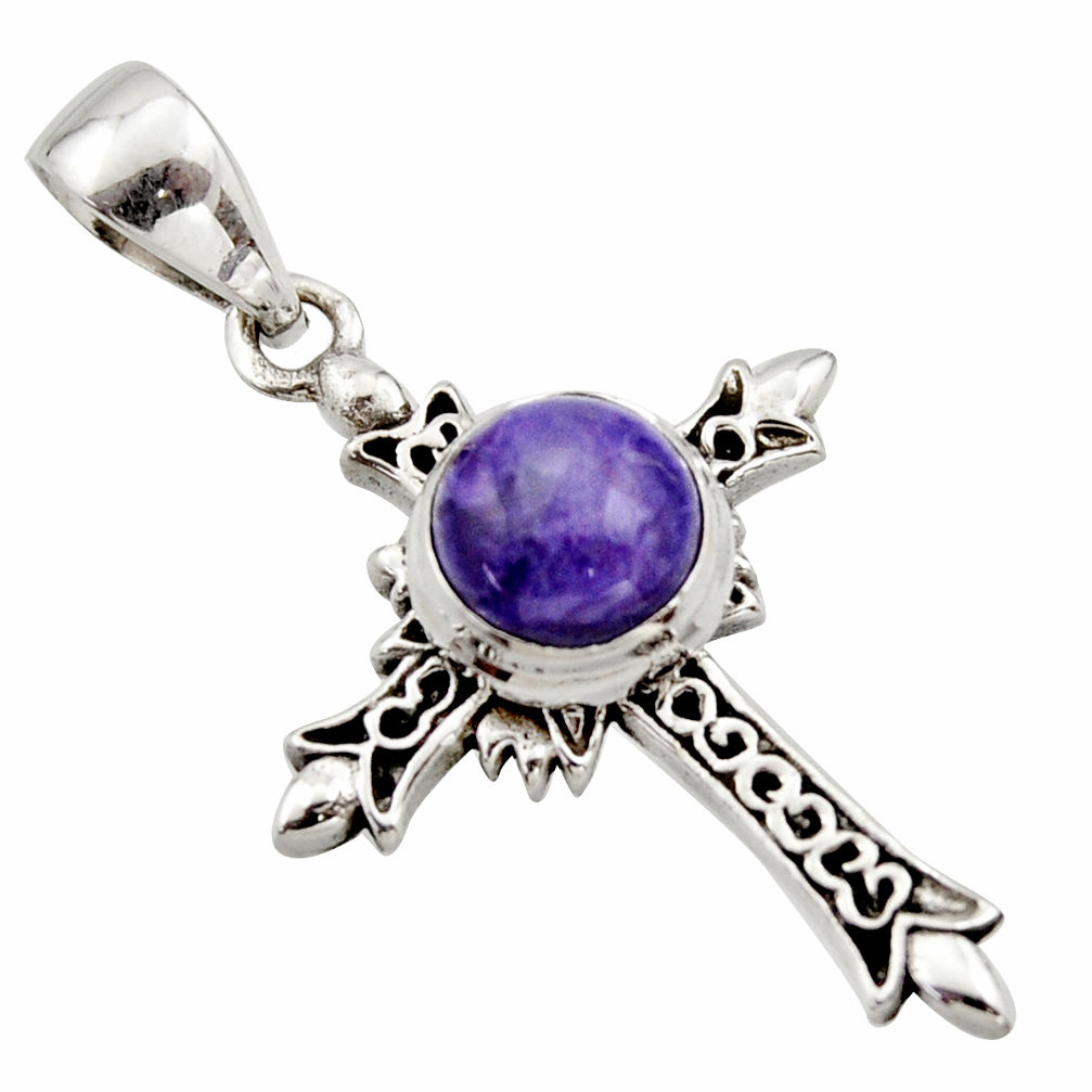 3.23cts natural purple charoite (siberian) 925 silver holy cross pendant r17693