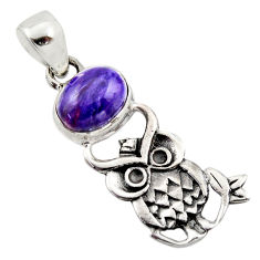 925 silver 4.29cts natural purple charoite (siberian) oval owl pendant r17694