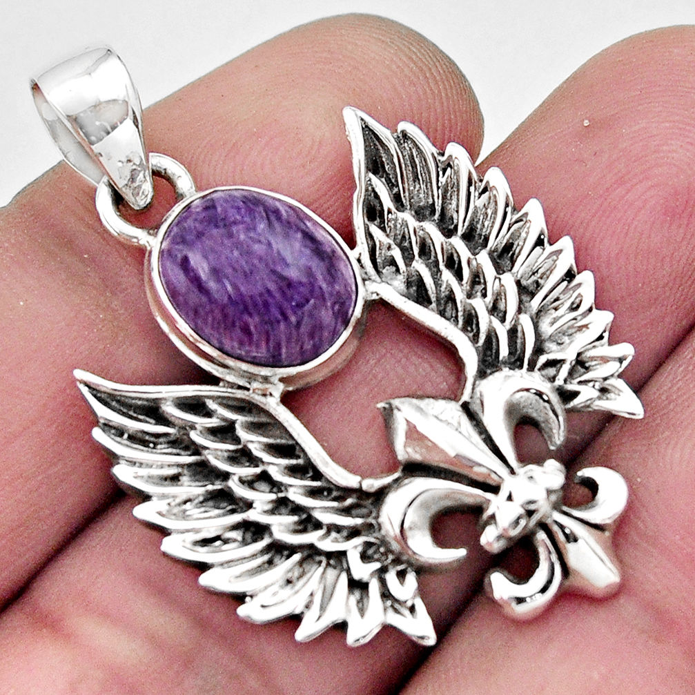 925 silver 5.38cts natural purple charoite (siberian) feather pendant r17704