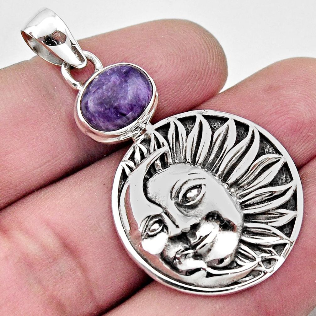 925 silver 4.48cts natural purple charoite crescent moon star pendant r17708