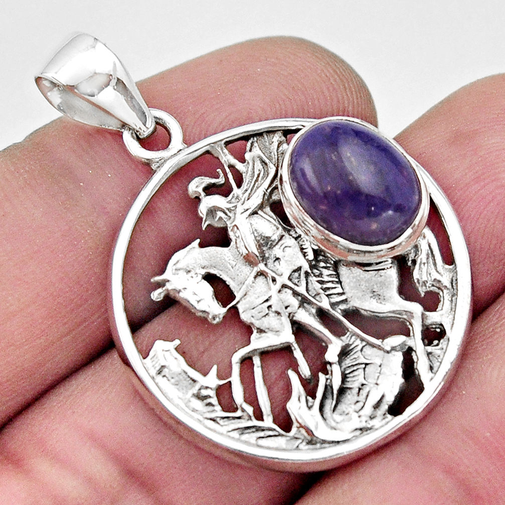 4.70cts natural purple charoite (siberian) 925 silver horse pendant r17710