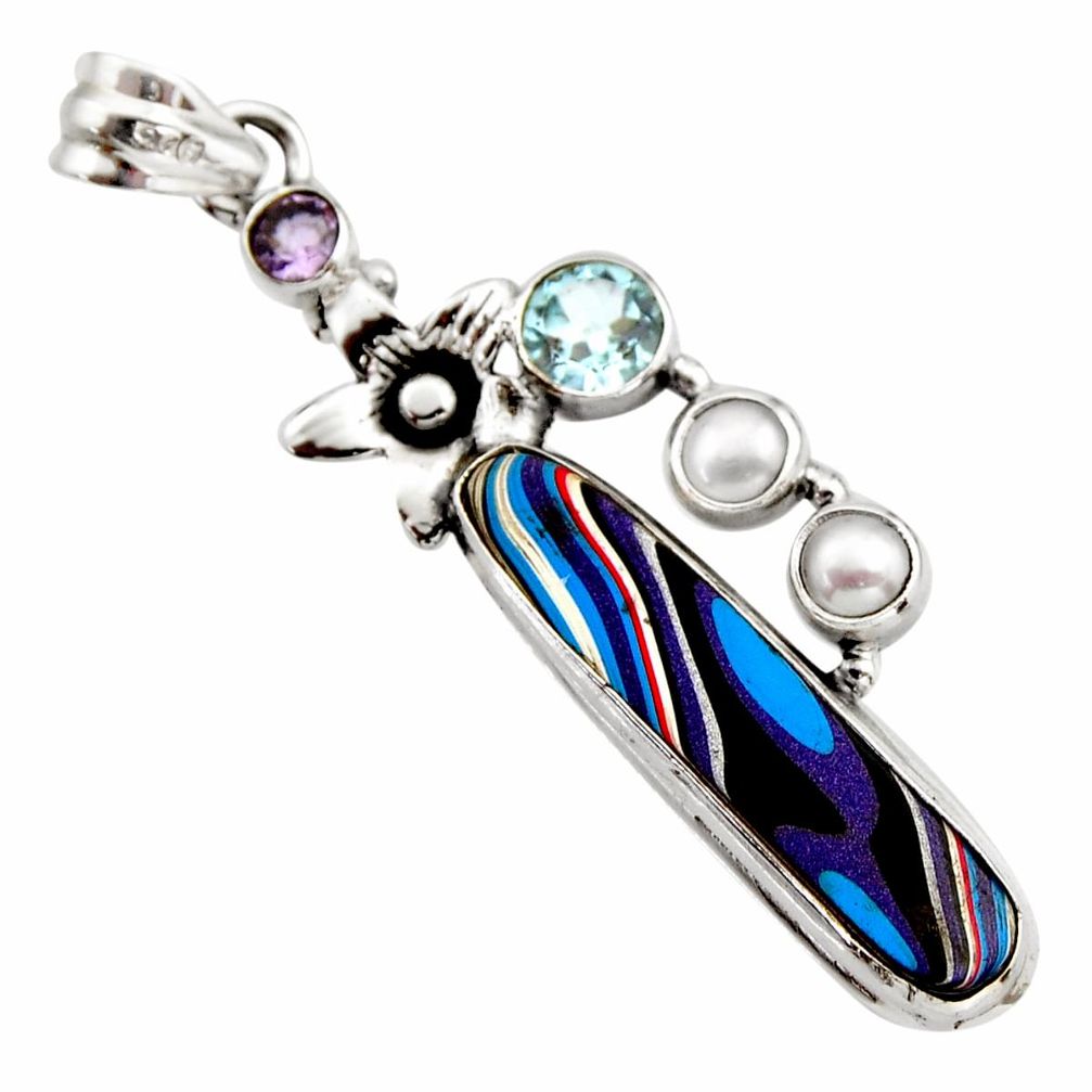 925 silver 11.62cts fordite detroit agate amethyst topaz flower pendant r17760