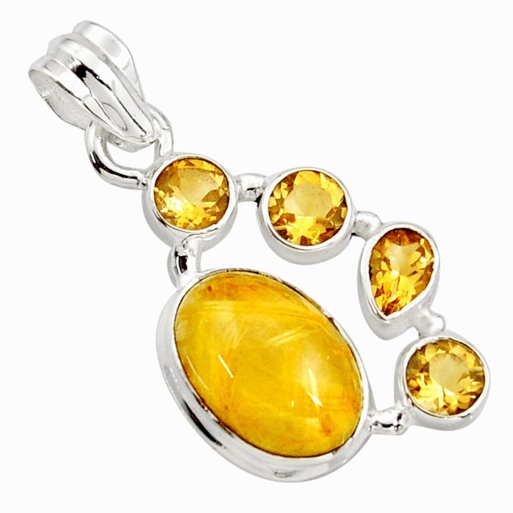 11.19cts natural golden tourmaline rutile citrine 925 silver pendant r18376