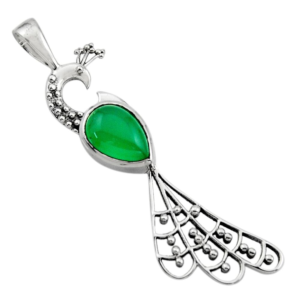 2.67cts natural green chalcedony 925 sterling silver peacock pendant r18924