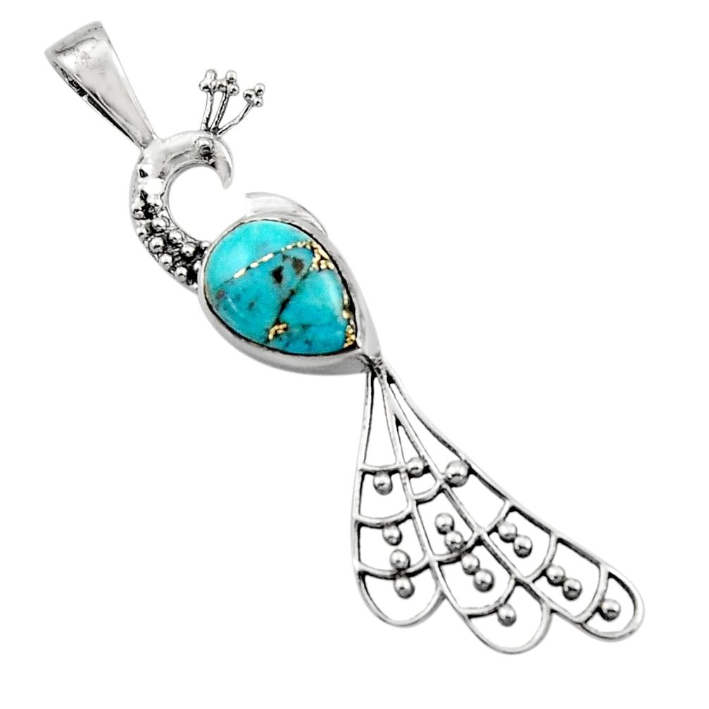 2.53cts blue copper turquoise 925 sterling silver peacock pendant jewelry r18930