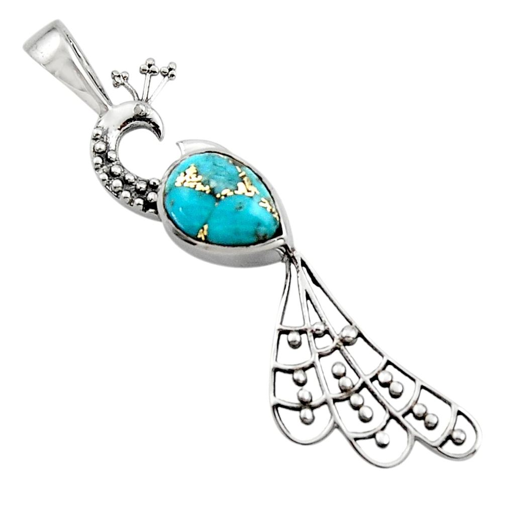 2.69cts blue copper turquoise 925 sterling silver peacock pendant jewelry r18933