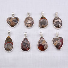 62.45gms wholesale lot of 8 natural brown mushroom rhyolite 925 silver pendant z102