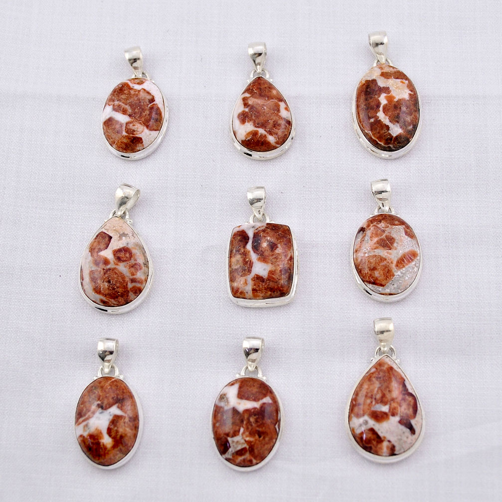 64.48gms wholesale lot of 9 natural brown garnet in limestone spessartine 925 silver pendant z106