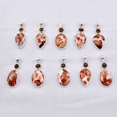 60.03gms wholesale lot of 10 natural brown garnet in limestone spessartine smoky topaz 925 silver pendant z123