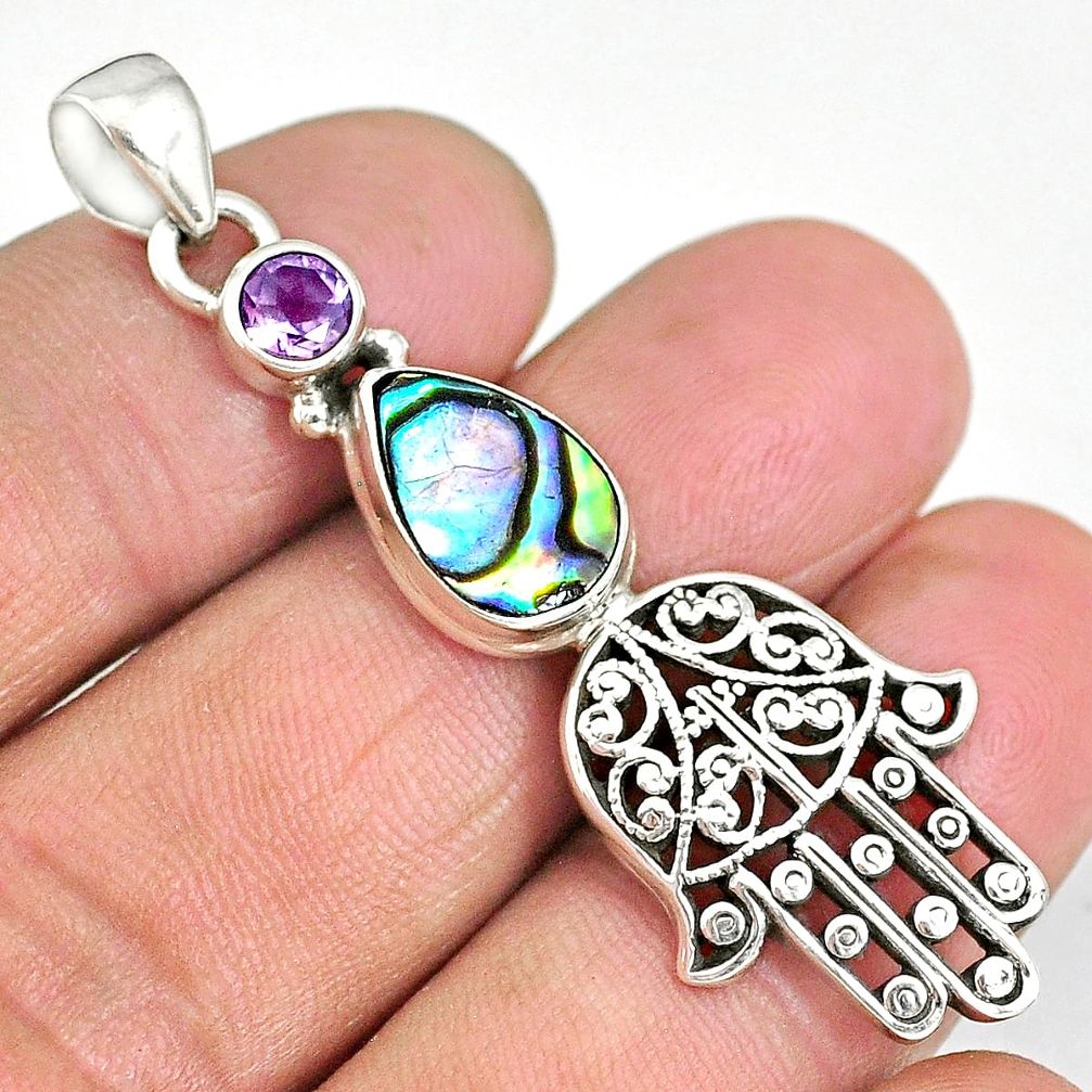 4.89cts abalone paua seashell 925 silver hand of god hamsa pendant r90395