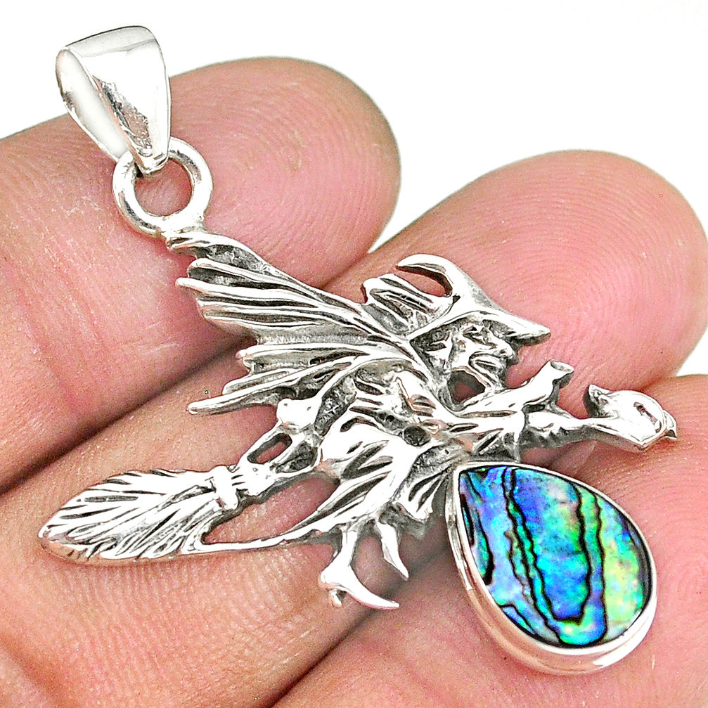 3.38cts abalone paua seashell 925 silver pentacle witches broom pendant r90448