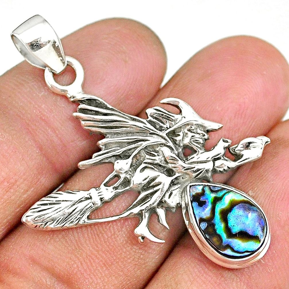3.50cts abalone paua seashell 925 silver pentacle witches broom pendant r90453