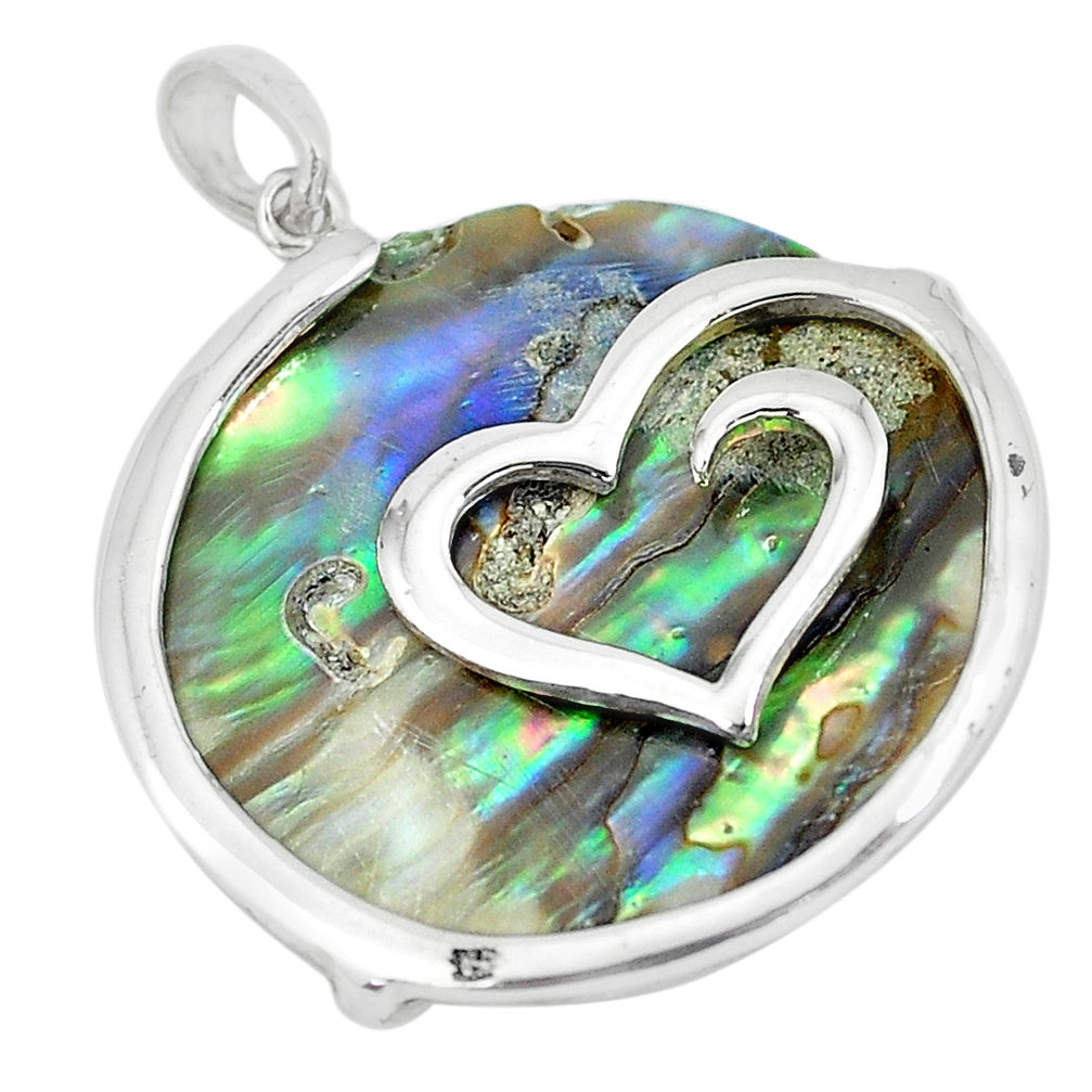 13.69cts abalone paua seashell round 925 silver heart pendant a88676 c14586