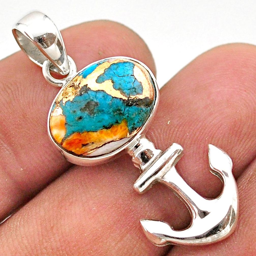 5.63cts anchor charm spiny oyster arizona turquoise 925 silver pendant t61391