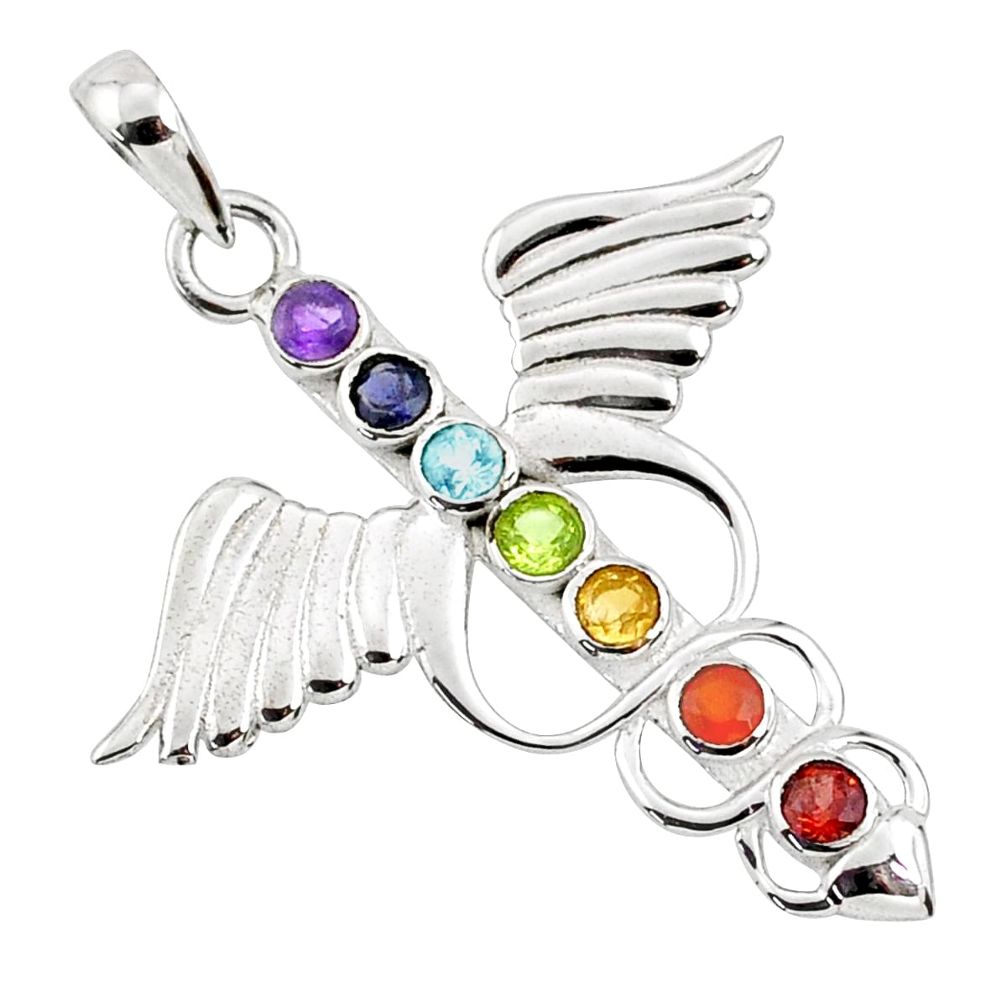 Angel wing heart balance multi gemstone 925 silver seven chakra pendant r65351