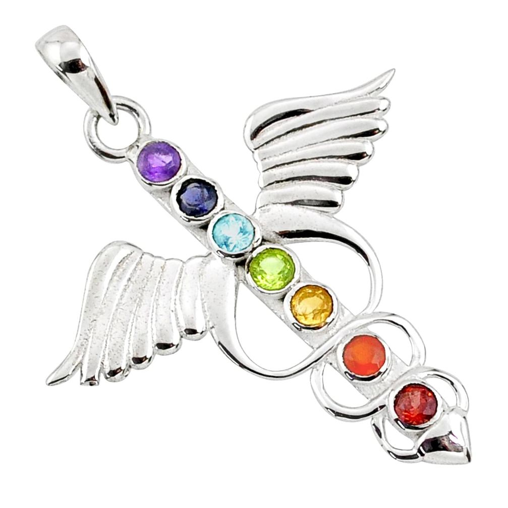 Angel wing heart balance multi gemstone 925 silver seven chakra pendant r65353