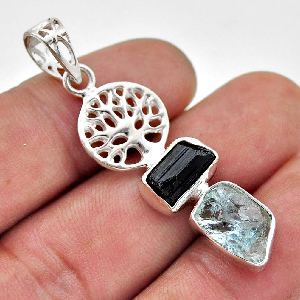 8.68cts aqua aquamarine tourmaline rough 925 silver tree of life pendant n48209