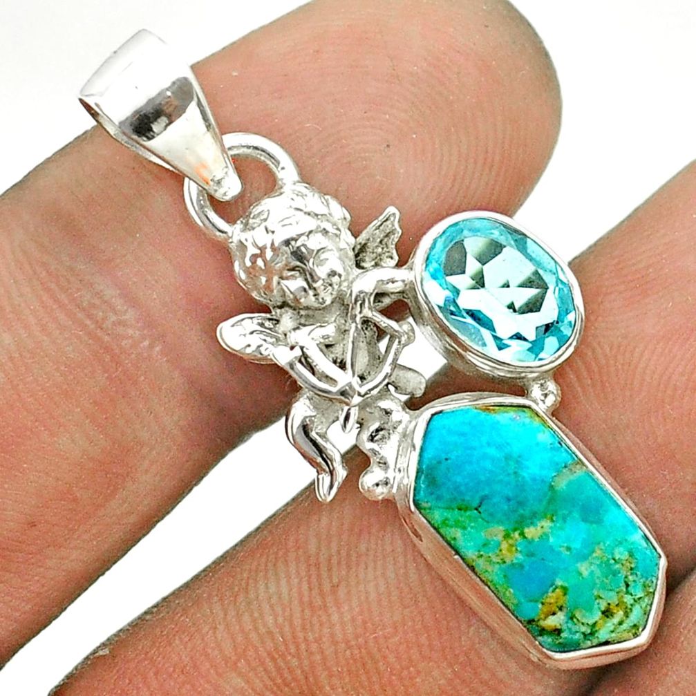 6.38cts arizona mohave turquoise hexagon topaz 925 silver angel pendant t55338