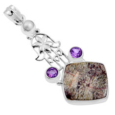 13.28cts astrophyllite amethyst pearl silver hand of god hamsa pendant n24839