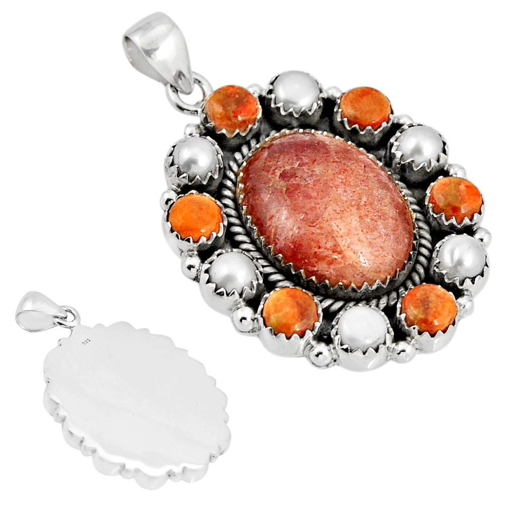 27.05cts back close sunstone mojave turquoise pearl 925 silver pendant c31027