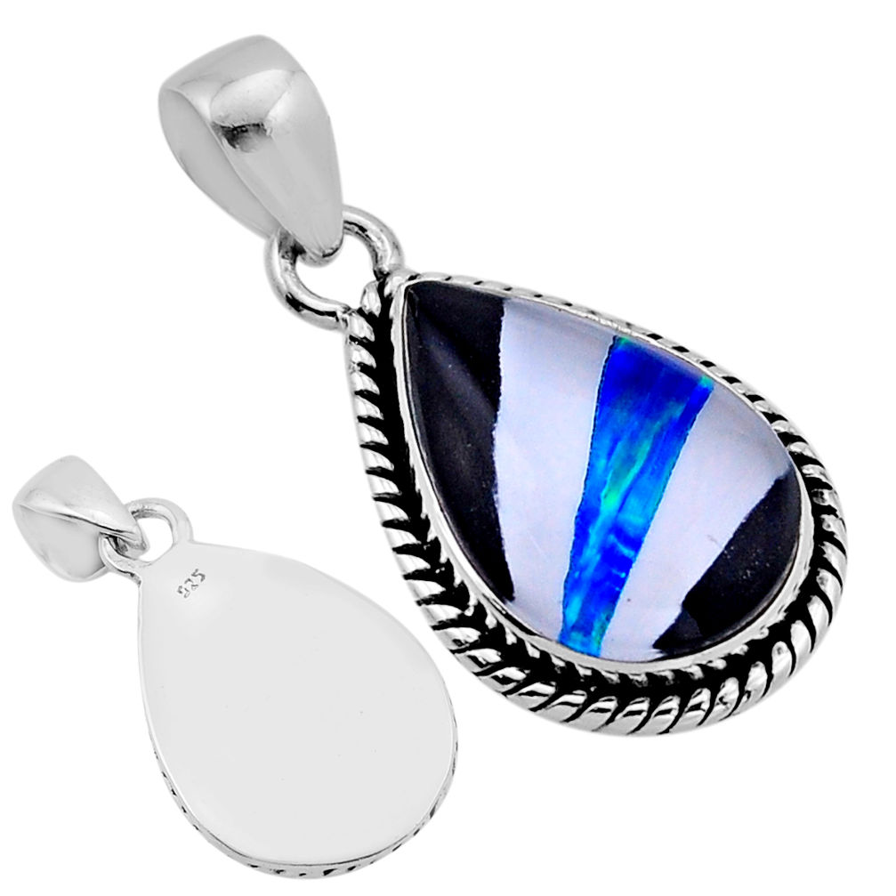 9.41cts back closed blue black white strip opal silver checkers pendant n54172