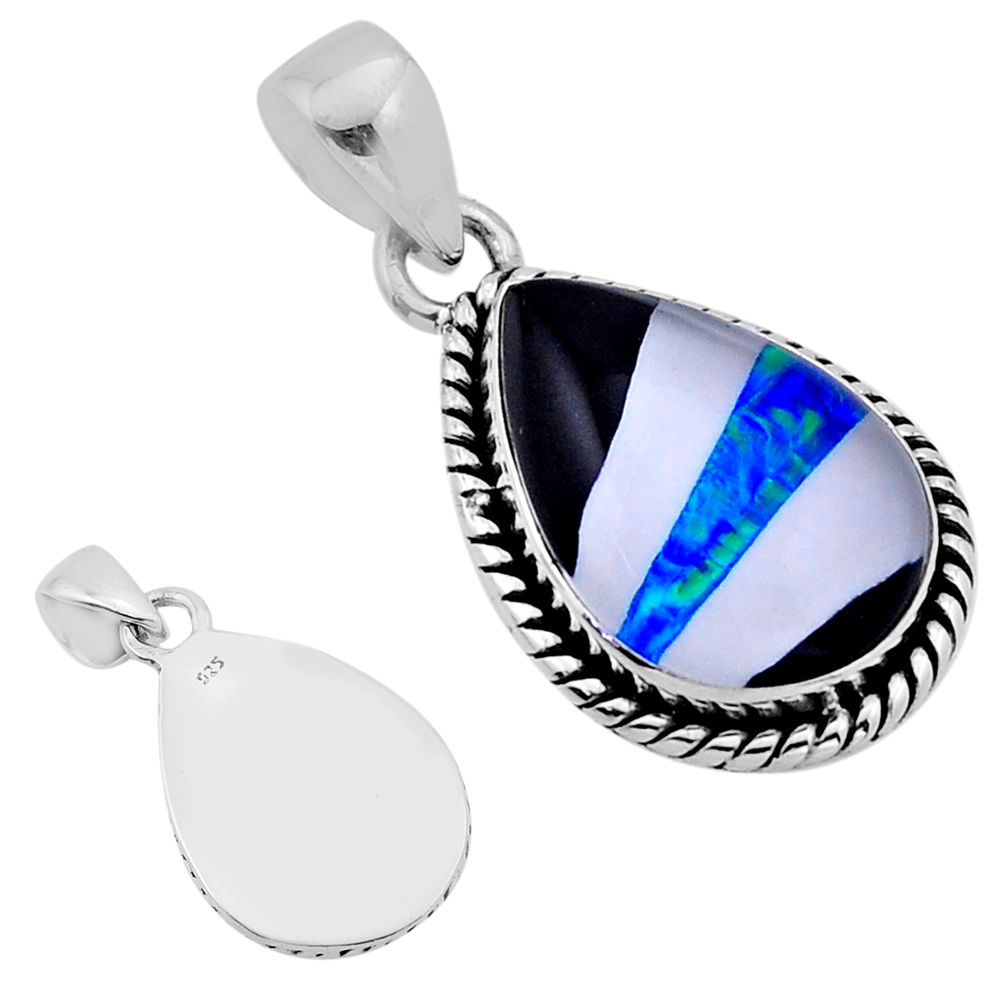 8.66cts back closed blue black white strip opal silver checkers pendant n54173