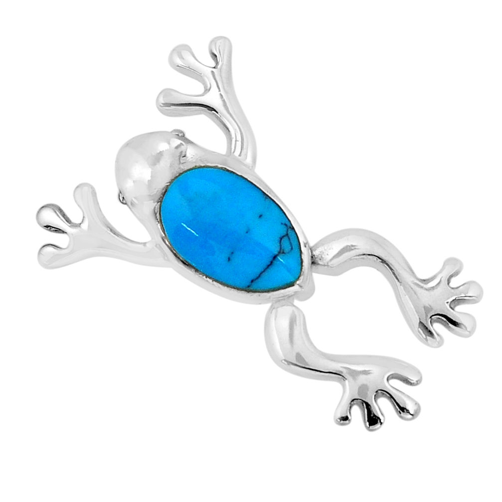 2.56cts back closed fine blue turquoise 925 sterling silver frog pendant y66061