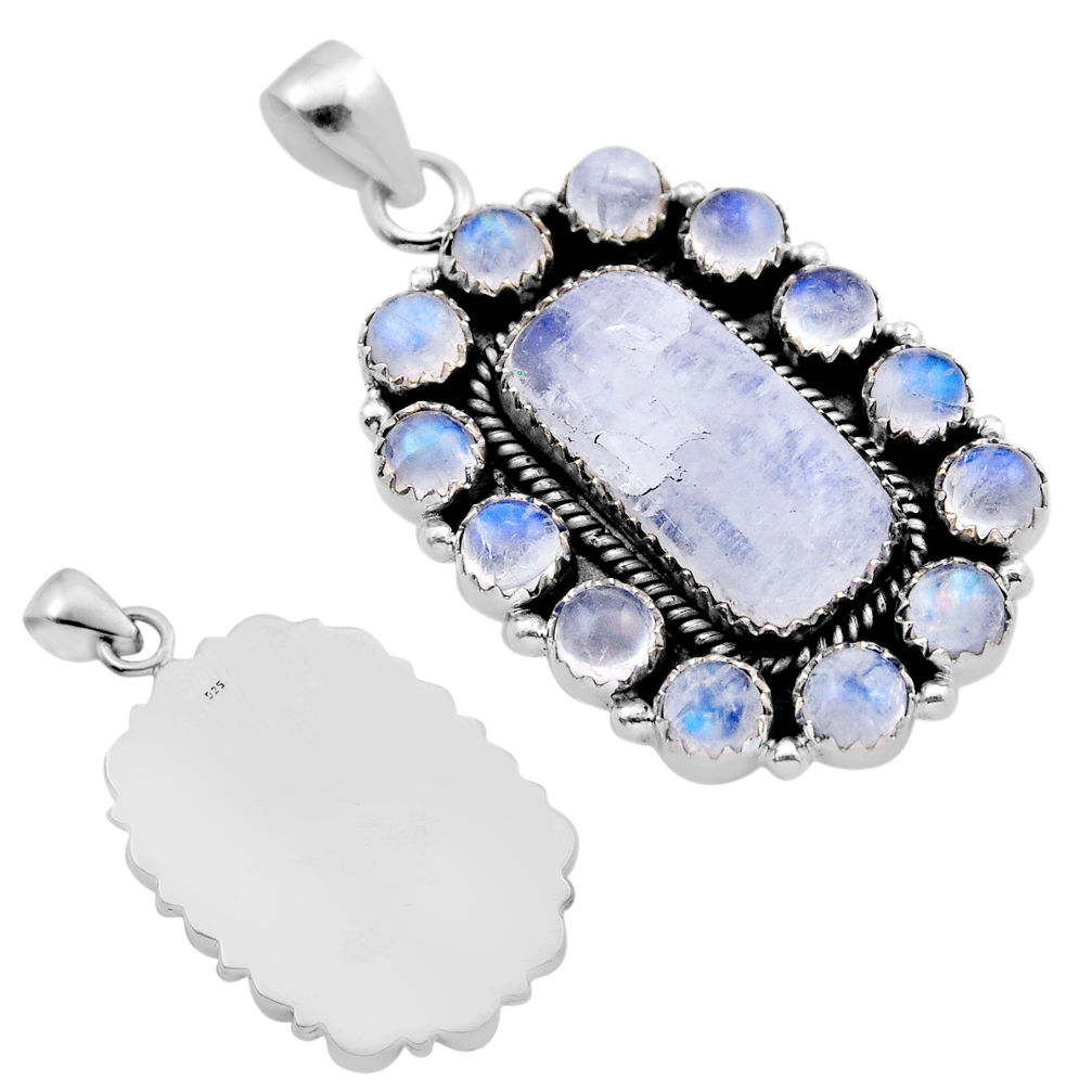 24.05cts back closed natural rainbow moonstone baguette silver pendant c32853