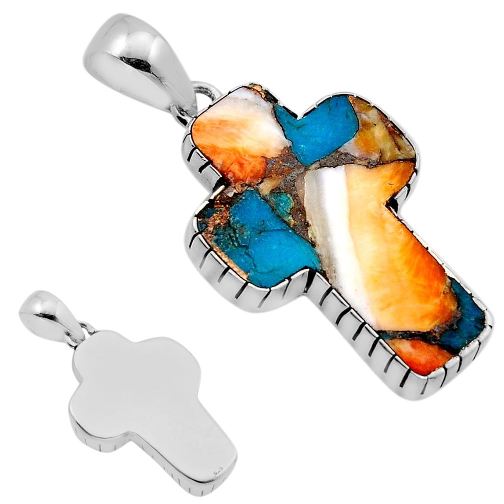 18.86cts back closed spiny oyster arizona turquoise silver cross pendant c32901