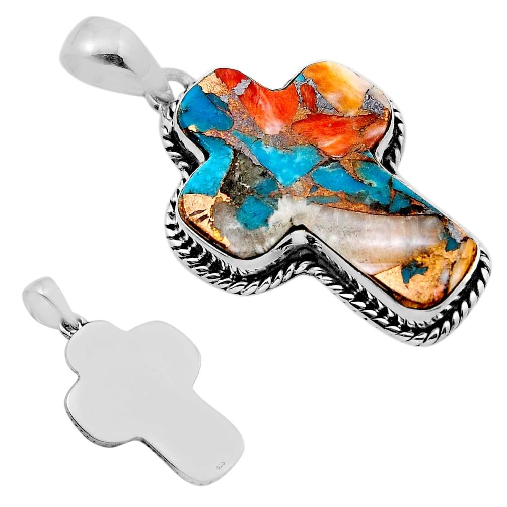 22.63cts back closed spiny oyster arizona turquoise silver cross pendant c32905
